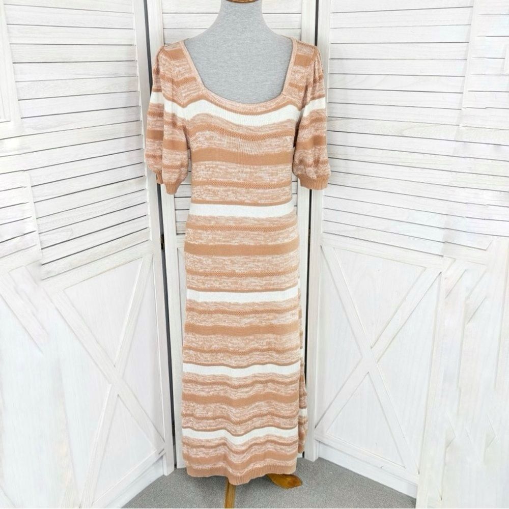 Amour Vert‎ Vivienne Striped Knit Sweater Dress Tan White Large Puff Sleeve Midi